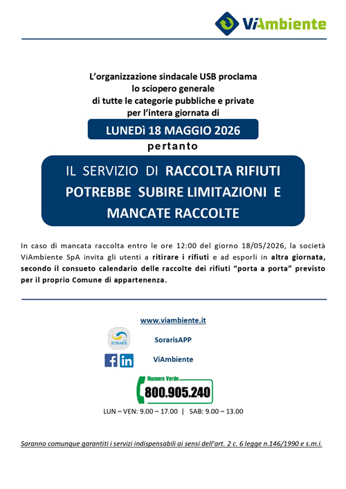 Proclamazione Sciopero per lunedì 18/05/2026