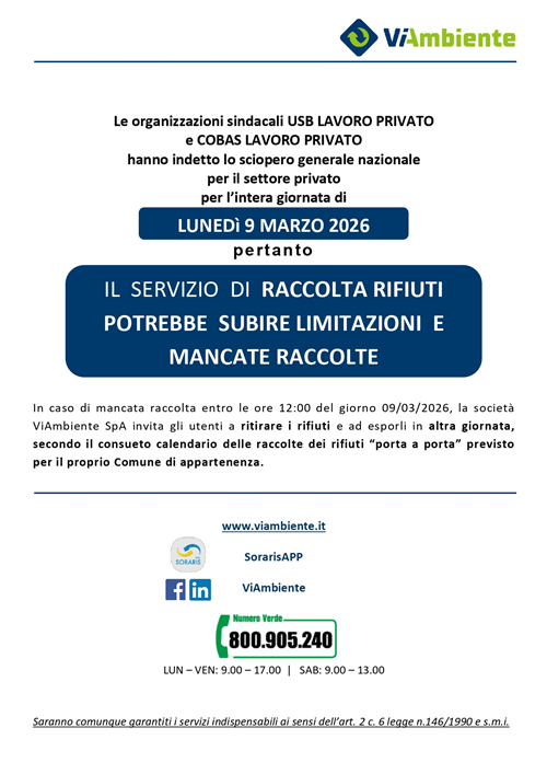 Viambiente Spa: comunicazione sciopero